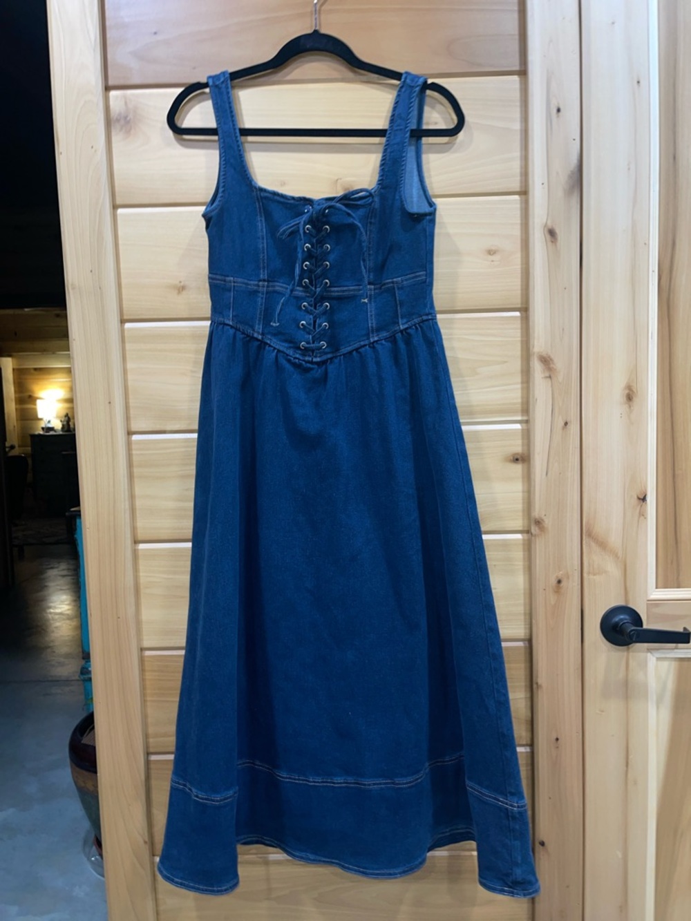 Moon River Blue Denim Lace-Up Midi Dress